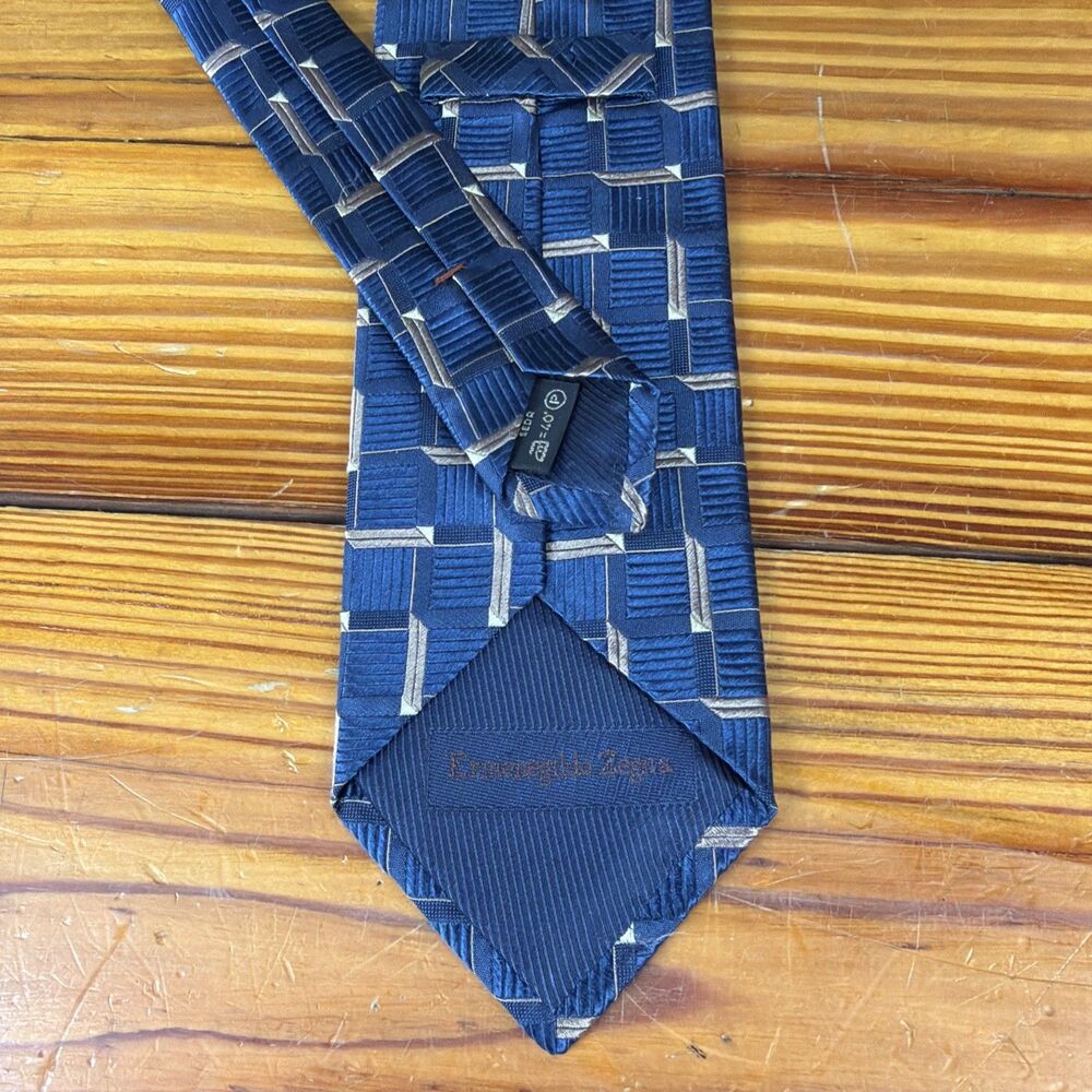 ERMENEGILDO ZEGNA ***** Silk Necktie ITALY Luxury Geometric Blue/Gold Check EUC